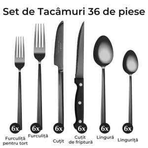 Set Tacamuri pentru 6 persoane, 36 piese cu cutit, furculita, lingura, inox 18/10, negru lucios - Img 2