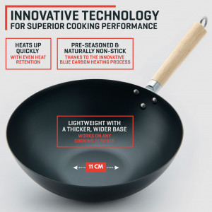 Tigaie Wok din otel carbon albastru, Uno Casa, 30 cm, 5L, fund plat preasezonat, capac universal din sticla cu silicon, maner detasabil din lemn bambus, e-book retete inclus