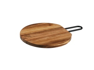 Tocător rotund de bucătărie din lemn de salcâm STINE, cu mâner inox ergonomic, Ø26 cm - Img 1