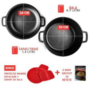 Ceaun din fonta cu capac 2in1, Uno Casa, tip cuptor olandez, oala 4.7L, tigaie 1.5L, pre-asezonat, suporturi din silicon termorezistent incluse - Img 3