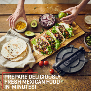 Kit Presa fonta tortilla, Uno Casa, 25 cm, antiaderenta, design mexican, hartie de copt 100 bucati inclus