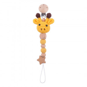 Lant suzeta bebelusi, Babynio, dentitie, forma girafa crosetata, din silicon si lemn de fag natural,  cu clips