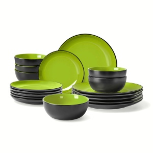 Serviciu de masa 6 persoane, set 18 piese, colectia Le Papillon, 6 x Boluri, 6 x Farfurii intinse mari, 6 x Farfurii intinse medii, ceramica, verde - Img 1