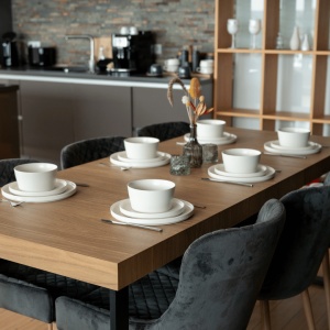 Serviciu de masă Luxe MIAMIO, 16 piese pentru 4 persoane – Farfurii, Boluri și Cești cappuccino, ceramică albă - Img 3