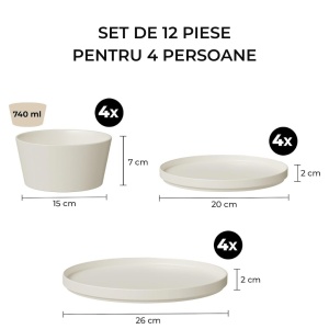 Serviciu de masa pentru 4 persoane, Set 12 piese Luxe, Boluri, Farfurii intinse, ceramica, alb - Img 2