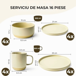 Serviciu de masa pentru 4 persoane, Set 16 piese Sierra Sand, Cani, Boluri, Farfurii intinse, ceramica, bej - Img 2