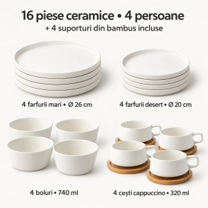 Serviciu de masa pentru 4 persoane, Set complet 16 piese Luxe, Cesti, Boluri, Farfurii intinse, ceramica, alb - Img 2