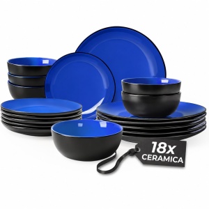Serviciu de masa pentru 6 persoane, Set 18 piese Le Papillon, Boluri, Farfurii intinse, ceramica, albastru