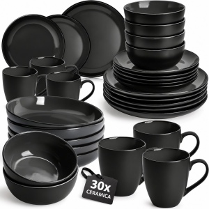 Serviciu de masa pentru 6 persoane, Set complet 30 piese Le Papillon, Cani, Boluri, Farfurii, ceramica, negru