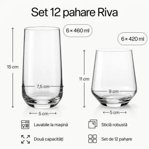 Set 12 Pahare Riva MIAMIO pentru apa si long drink, sticla transparenta, 6 × 420 ml + 6 × 460 ml - Img 2