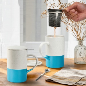 Set 2 Cani de ceai cu infuzor, cu capac si lingurita, 500ml, ceramica, albastru - Img 6