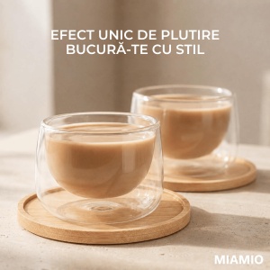Set 2 pahare cappuccino Lagoa, perete dublu, sticlă borosilicată, suport bambus, 180 ml - Img 3