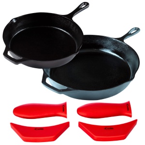 Set 2 Tigai din fonta 26 + 30 cm, Crucible Cookware, suporturi silicon termorezistente incluse