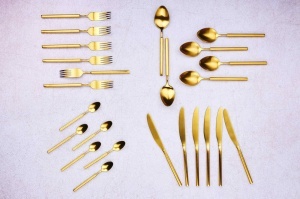 Set 24 Tacamuri inox VIGGO, 6 persoane, 6 x Cutite, 6 x Linguri, 6 x Furculite, 6 x Lingurite, Otel inoxidabil, design modern traditional, Auriu mat - Img 3