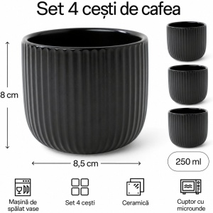 Set 4 Cesti Cafea, Senita negru, ceramica, fara toarta, 250 ml - Img 2