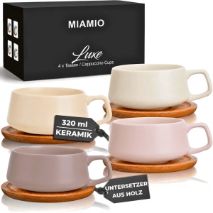 Set 4 Cesti de cappuccino cu farfurie din bambus, colectia Luxe, ceramica, Cream Rose, 320 ml - Img 7