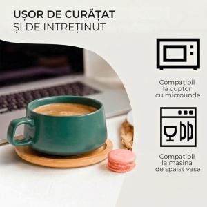 Set 4 Cesti de cappuccino cu farfurie din bambus, colectia Luxe, ceramica, Evergreen, 320 ml - Img 4