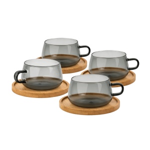 Set 4 Pahare de ceai cu farfurie din bambus, colectia Olea, sticla, gri transparent, 280 ml