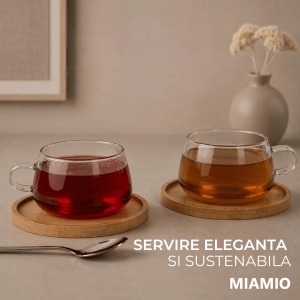 Set 4 Pahare de ceai cu farfurie din bambus, colectia Olea, sticla, transparent, 280 ml - Img 6