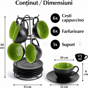Set 6 Cesti de cappuccino cu farfurioara, Le Papillon Green, ceramica, 175 ml - Img 2