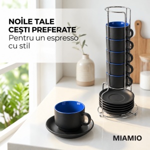 Set 6 Cesti espresso 75 ml cu farfurioare si suport, MIAMIO Le Papillon, albastru - Img 5