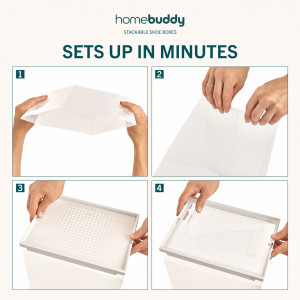Set 6 cutii organizatoare pantofi, HomeBuddy, modulare, depozitare incaltaminte, marimea 48, gauri de aerisire, plastic dur, transparent, 2 saculeti din carbune activ de bambus inclus