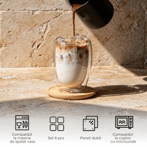 Set 6 Pahare Cappuccino Perete dublu, Sticla borosilicata, fara Toarta, cu Suport din Bambus, 350ml - Img 4