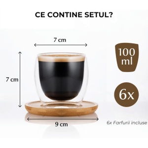 Set 6 Pahare Espresso Perete dublu, Sticla borosilicata, fara Toarta, cu Suport din Bambus, 100ml - Img 2