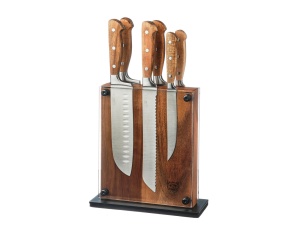Suport pentru cutite RAUMA + Set 6 Cutite de bucatarie JAKOB, lama inox satinat cu maner lemn salcam - Img 1