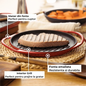 Tava Grill dreptunghiulara din fonta emailata, Lätt Home, 39 x 22 cm, compatibila inductie, rosu Cherry - Img 4