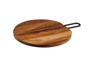 Tocător rotund de bucătărie din lemn de salcâm STINE, cu mâner inox ergonomic, Ø31 cm - Img 1