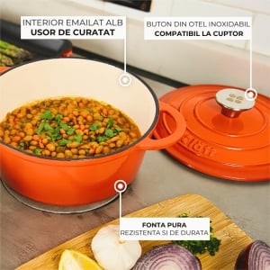 Ceaun din fonta emailata 2.8L, Lätt Home, tip cuptor olandez, cu capac 22 cm, antiaderent, portocaliu - Img 8