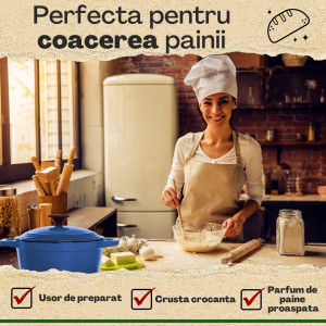 Ceaun din fonta emailata, Funkenflug, tip cuptor olandez, cu capac 26 cm, volum 5 l, antiaderent, albastru, e-book cu retete inclus