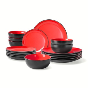 Serviciu de masa 6 persoane, set 18 piese, colectia Le Papillon, 6 x Boluri, 6 x Farfurii intinse mari, 6 x Farfurii intinse medii, ceramica, rosu - Img 1