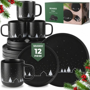 Serviciu de masa de Craciun pentru 4 persoane, MIAMIO Vinter, 12 piese, ceramica, negru