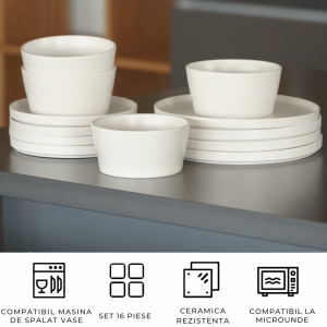 Serviciu de masa pentru 4 persoane, Set complet 16 piese Luxe, Cesti, Boluri, Farfurii intinse, ceramica, alb - Img 5