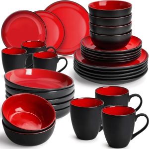 Serviciu de masa pentru 6 persoane, Set complet 30 piese Le Papillon, Cani, Boluri, Farfurii, ceramica, rosu