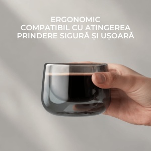 Set 2 pahare cappuccino Lagoa, perete dublu, sticlă gri, suport bambus, 180 ml - Img 4