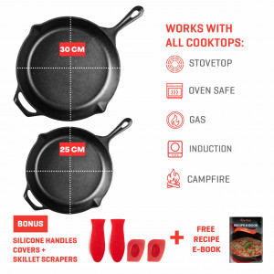 Set 2 Tigai din fonta, Uno Casa, preasezonate, diametru 25 si 30 cm, cu manere silicon termorezistente, cu raclete de curatare, e-book retete inclus