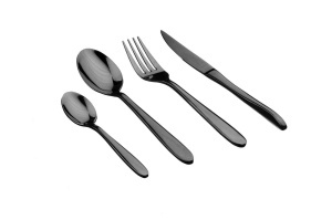 Set 24 Tacamuri inox KAJA, 6 persoane, 6 x Cutite, 6 x Linguri, 6 x Furculite, 6 x Lingurite, Otel inoxidabil, forme rotunjite, Negru lucios - Img 1