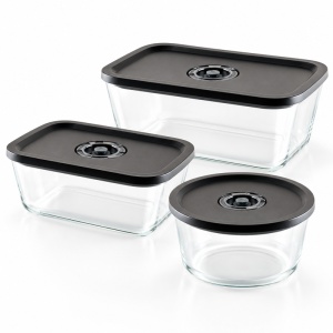 Set 3 caserole din sticla borosilicata Lätt Home Trio Mixt, 1.400 + 1.650 + 2.700 ml, capace ermetice cu valve de vid