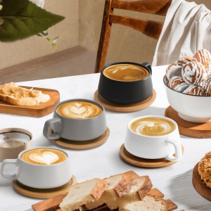 Set 4 Cesti de cappuccino cu farfurie din bambus, colectia Luxe, ceramica, gri, 320 ml - Img 3