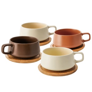 Set 4 Cesti de cappuccino cu farfurie din bambus, colectia Luxe, ceramica, bej, 320 ml
