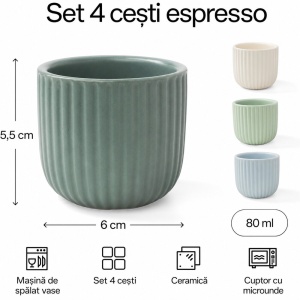 Set 4 Cesti Espresso, Senita Mint multicolor, ceramica, fara toarta, 80 ml - Img 2