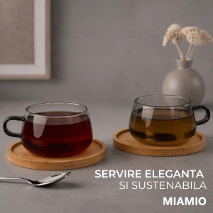 Set 4 Pahare de ceai cu farfurie din bambus, colectia Olea, sticla, gri transparent, 280 ml - Img 6