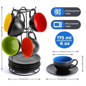 Set 6 Cesti de cappuccino cu farfurie, colectia Le Papillon, ceramica, multicolor, 175 ml - Img 2