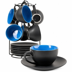 Set 6 Cesti de cappuccino cu farfurioara, Le Papillon Blue, ceramica, 175 ml