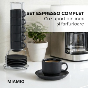 Set 6 Cesti espresso 75 ml cu farfurioare si suport, MIAMIO Le Papillon, negru - Img 3