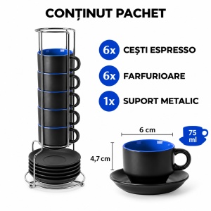 Set 6 Cesti espresso 75 ml cu farfurioare si suport, MIAMIO Le Papillon, albastru - Img 2