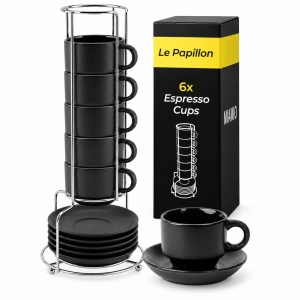 Set 6 Cesti espresso 75 ml cu farfurioare si suport, MIAMIO Le Papillon, negru